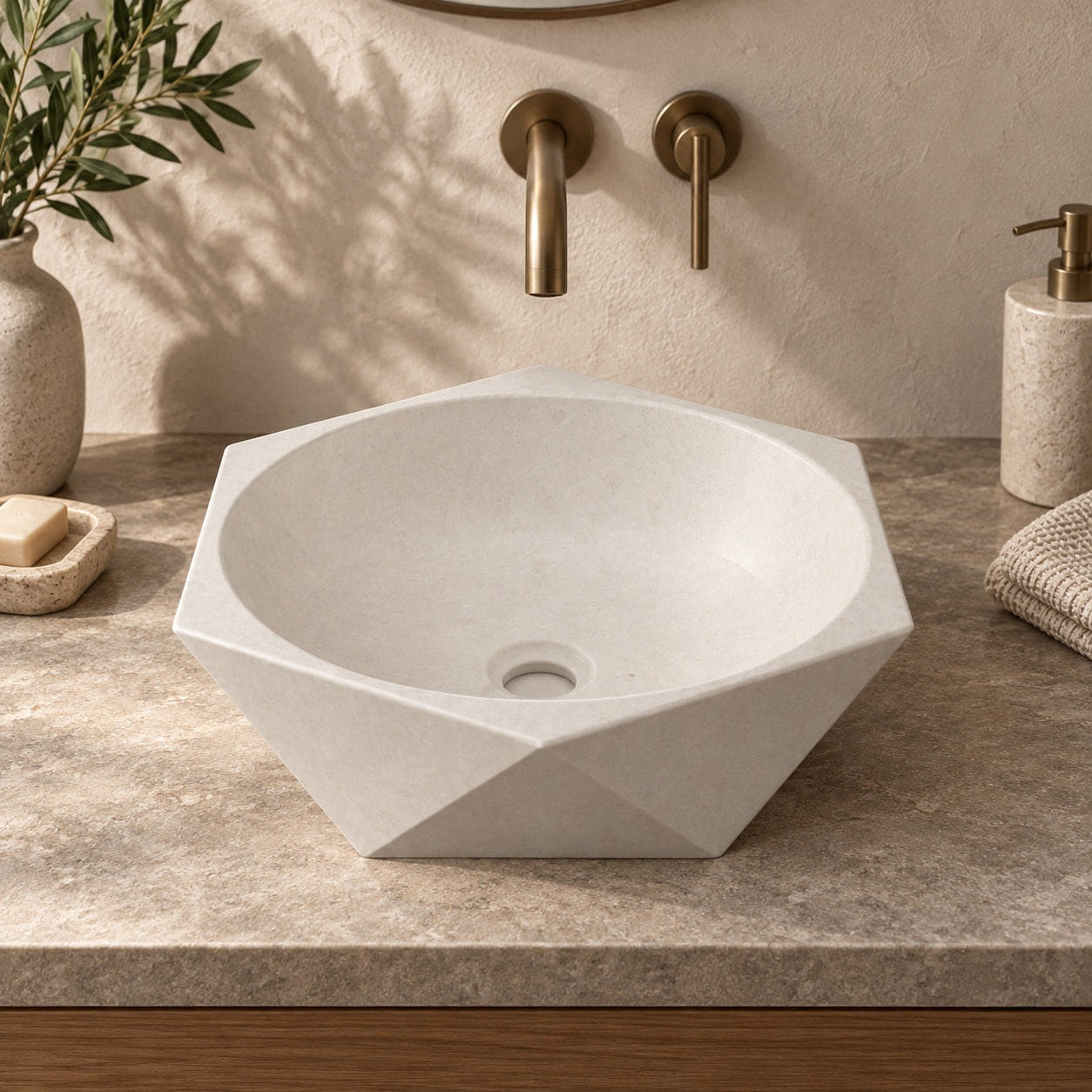 Syala Limestone Vessel Sink, countertop hero lifestyle view