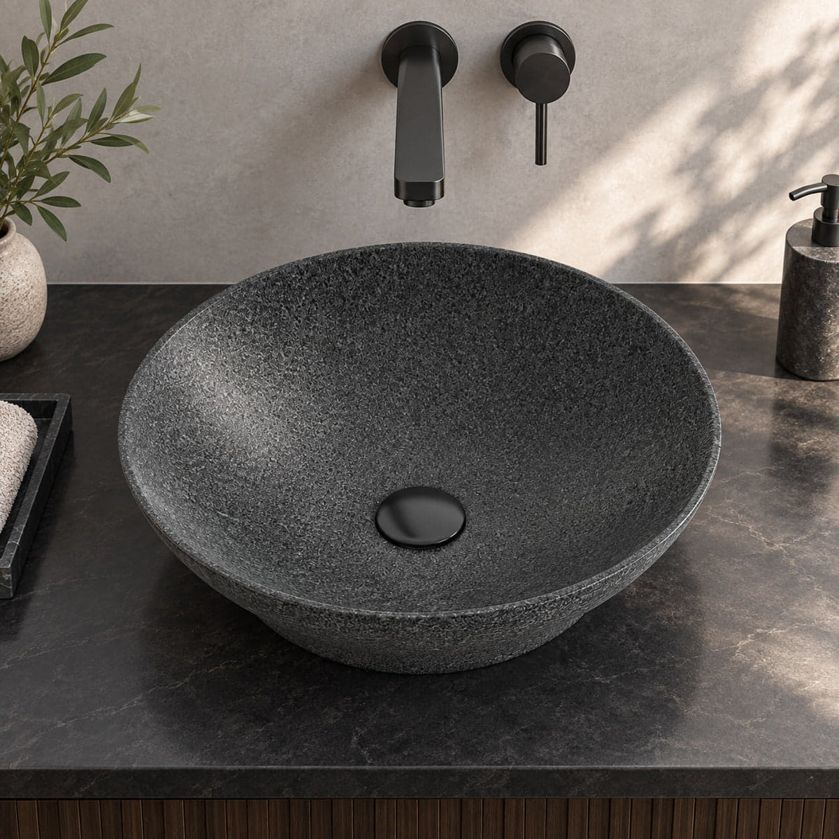 Vipra Neroco Stone Vessel Sink, alternate countertop lifestyle angle