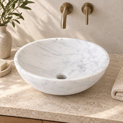 Vinko Carrara Marble Vessel Sink, countertop hero lifestyle view
