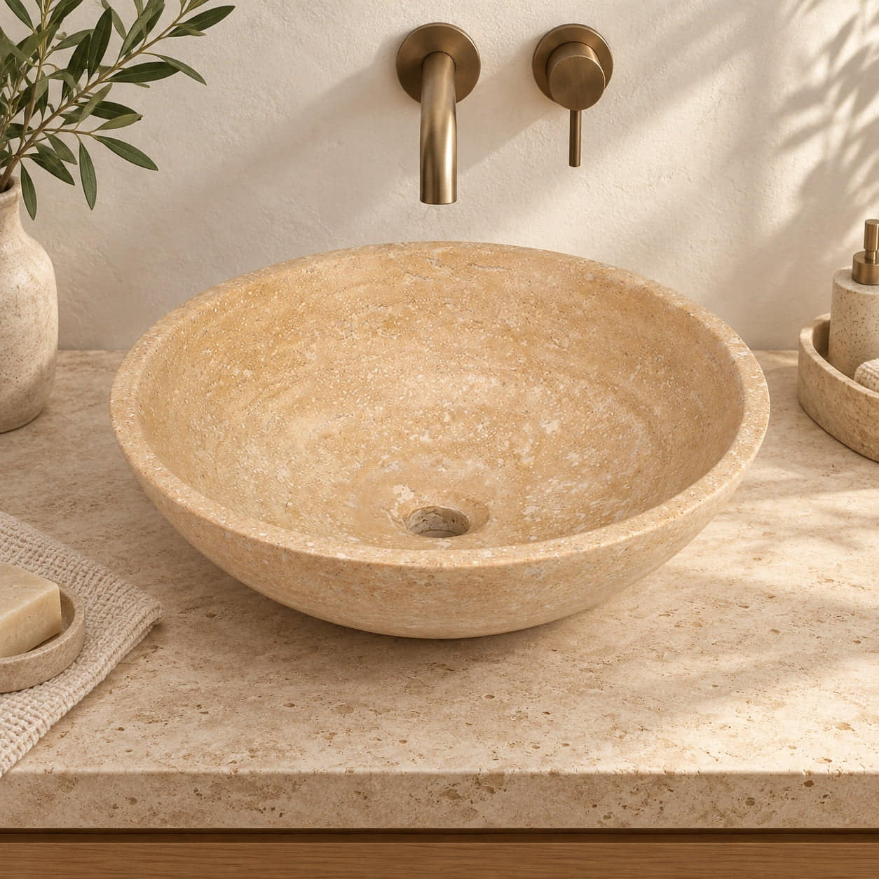 Vinko Travertino Romano Travertine Vessel Sink, countertop hero lifestyle view