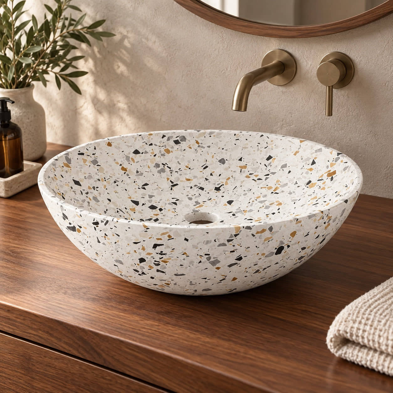 Vinko White Terrazzo Vessel Sink, second countertop lifestyle setting