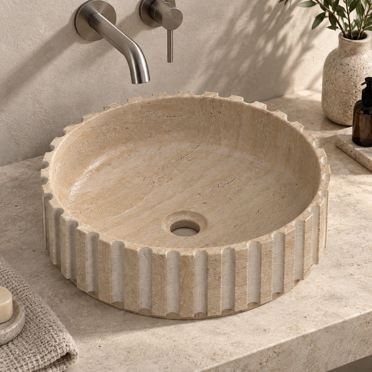 Sonata Travertino Romano Travertine Vessel Sink, countertop hero lifestyle view