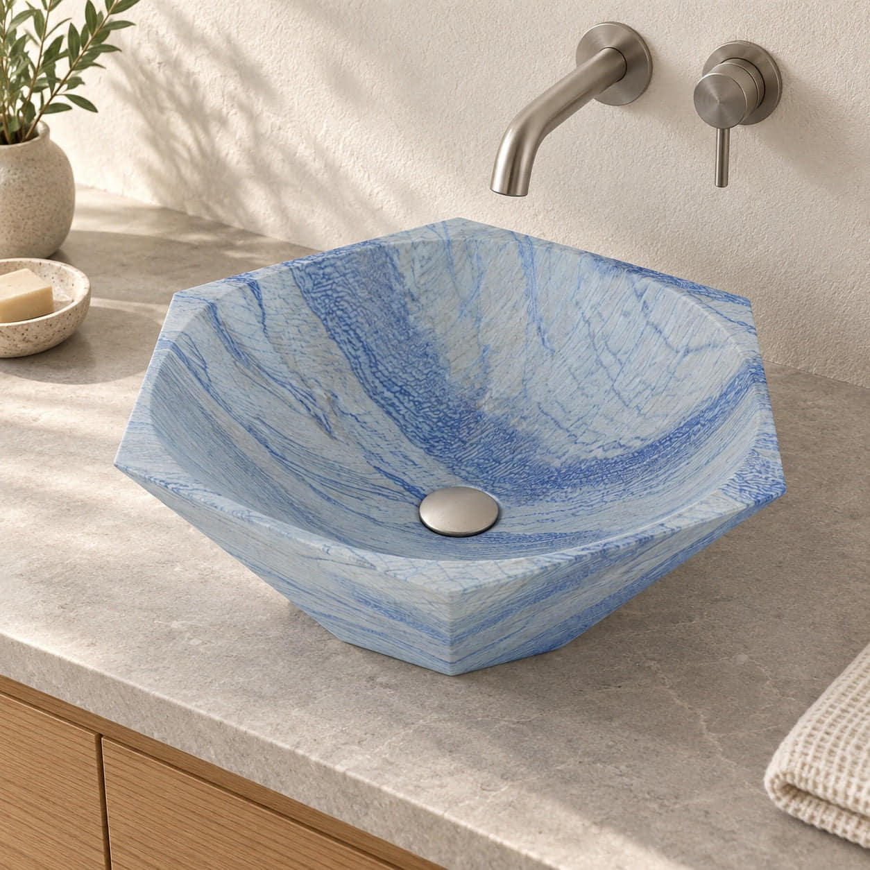 Shadley Azura Blue Quartzite Vessel Sink, countertop hero lifestyle view