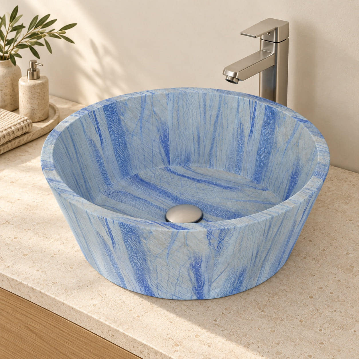 Souri Azura Blue Quartzite Vessel Sink, countertop hero lifestyle view