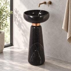 Polika Portoro Black Marble Pedestal Sink — complete pedestal sink beside a window and grey bathroom wall