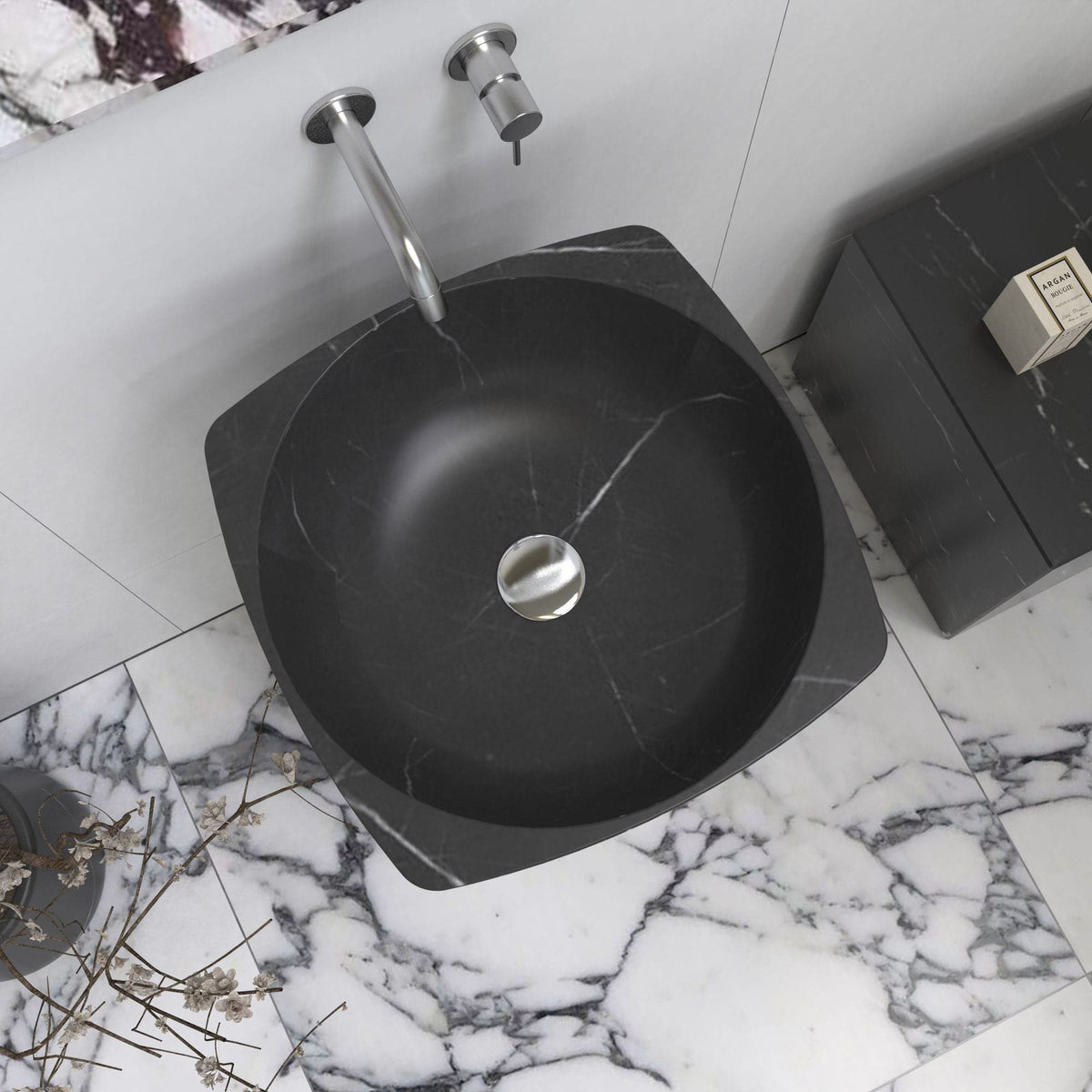 Pamina Portoro Black Marble Pedestal Sink — basin and rim detail showing the original material