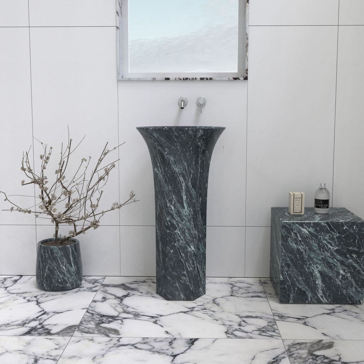 Patia Verderio Marble Pedestal Sink — alternate view showing the full basin and floor-standing base