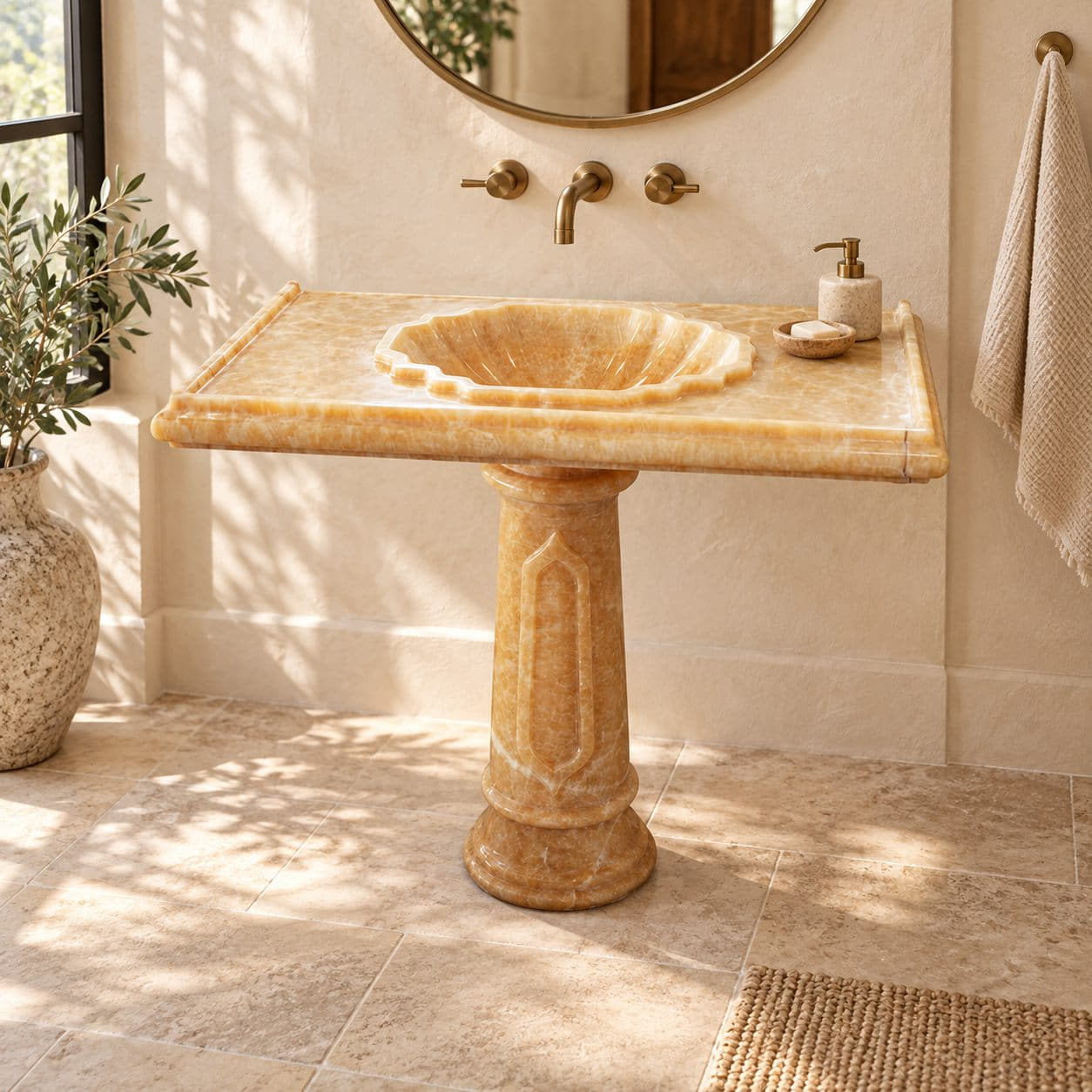 Paddy Honey Onyx Pedestal Sink — complete pedestal sink in a warm plaster bathroom