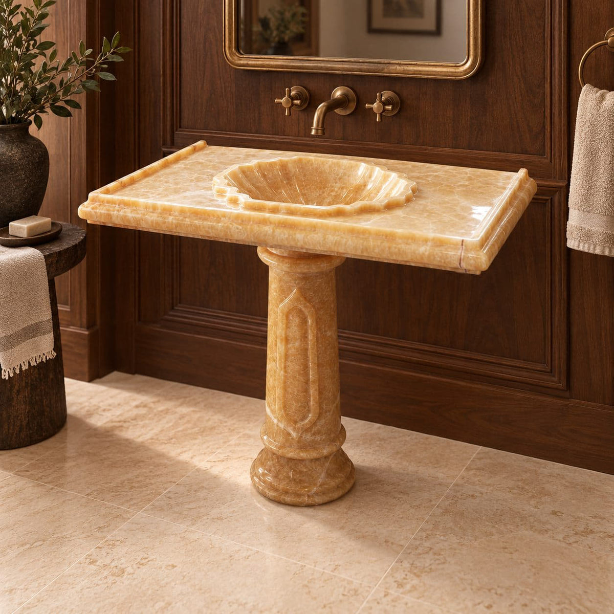 Paddy Honey Onyx Pedestal Sink — opposite room view showing the basin and full-height pedestal