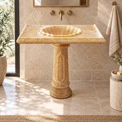 Paddy Honey Onyx Pedestal Sink — daylight setting showing the complete pedestal form