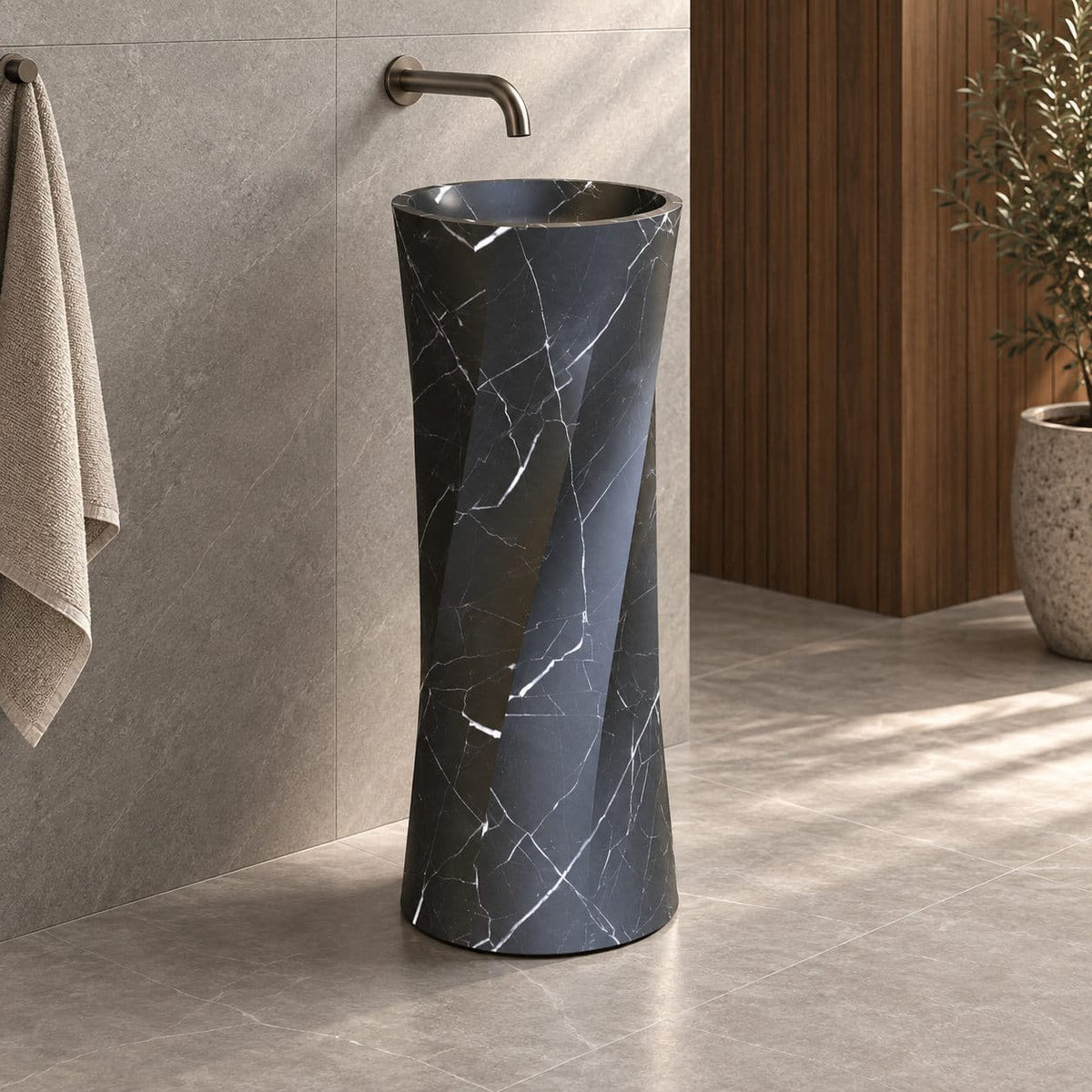 Polita Portoro Black Marble Pedestal Sink — opposite room view showing the basin and full-height pedestal