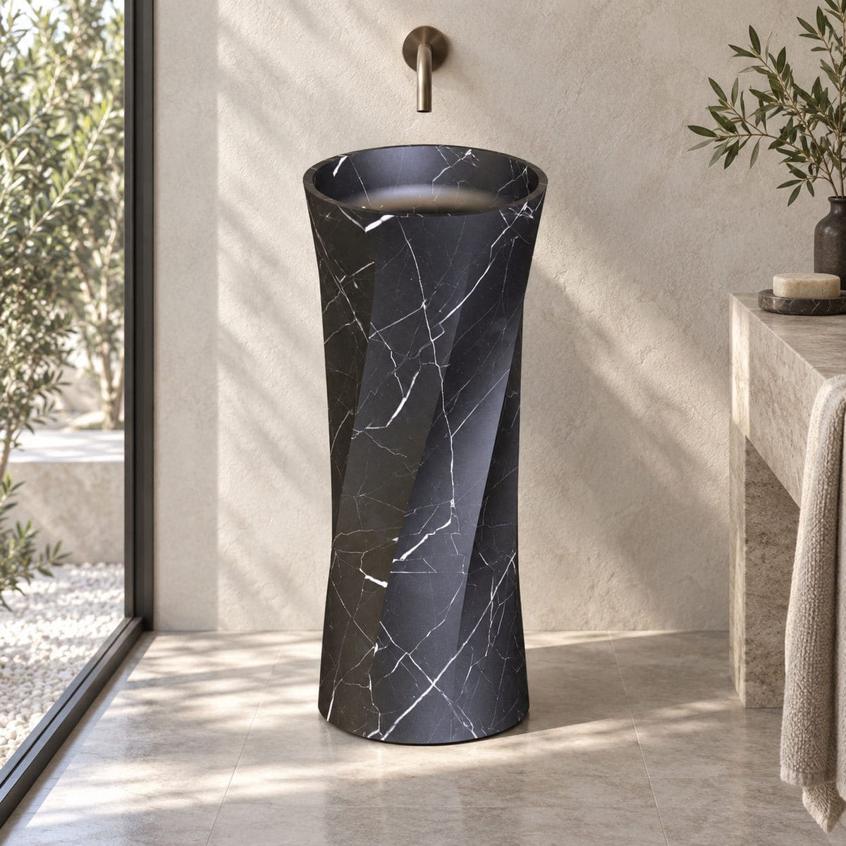 Polita Portoro Black Marble Pedestal Sink — daylight setting showing the complete pedestal form