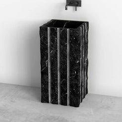 Pablo Portoro Black Marble Pedestal Sink — original bathroom view showing the full rectangular pedestal and recessed basin