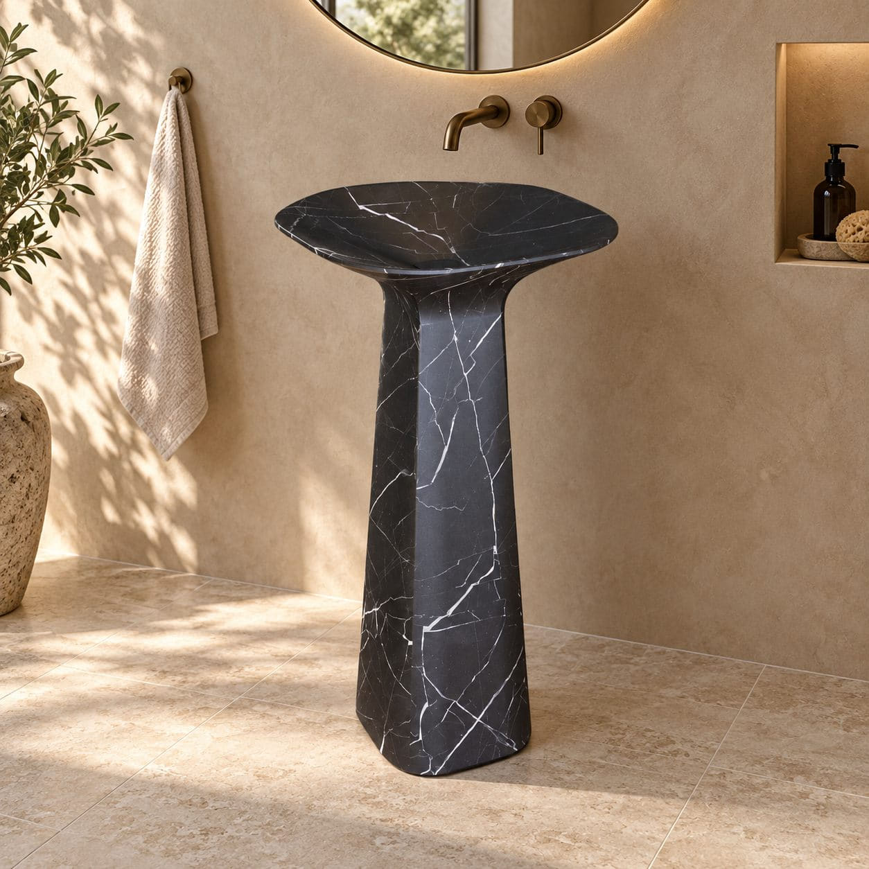 Polona Portoro Black Marble Pedestal Sink — complete rounded-rectangular basin and pedestal in a warm bathroom