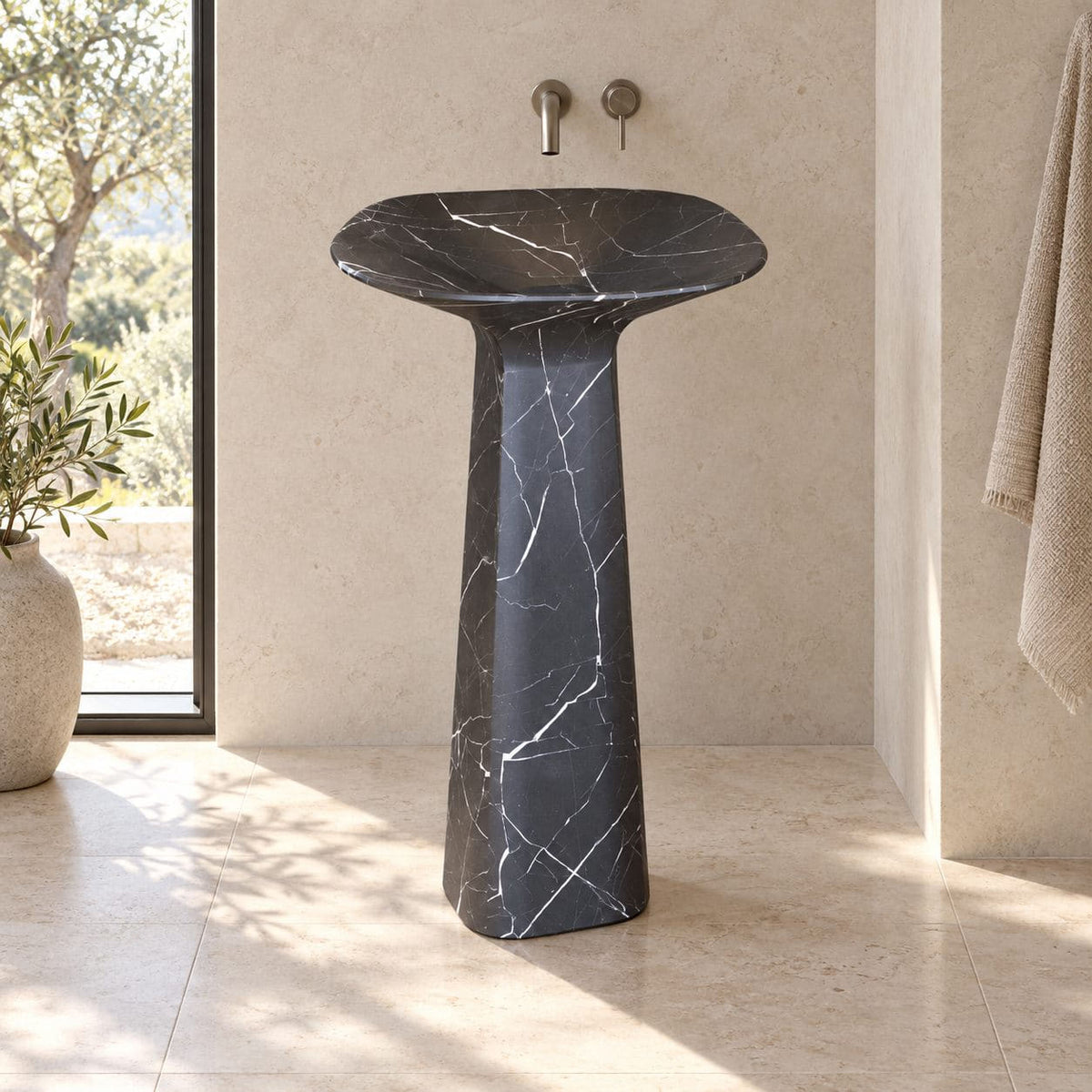 Polona Portoro Black Marble Pedestal Sink — daylight view of the shallow basin and complete floor-standing form