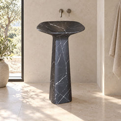 Polona Portoro Black Marble Pedestal Sink — daylight view of the shallow basin and complete floor-standing form