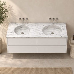 Taika Carrara White Marble Integrated Basin — front bathroom view showing the complete double-basin top over presentation cabinetry