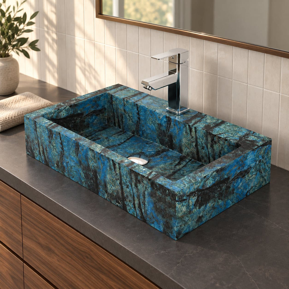 Shafna Danube rectangular blue quartzite vessel sink on a charcoal vanity counter showing straight walls and rear faucet deck