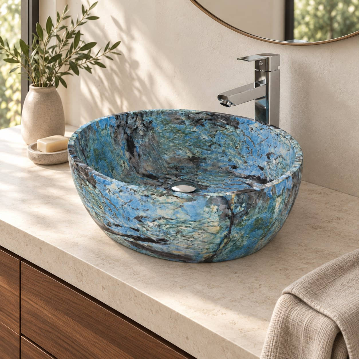 Shaden Danube deep oval blue quartzite vessel sink on a pale stone counter above a walnut vanity, angled bathroom view