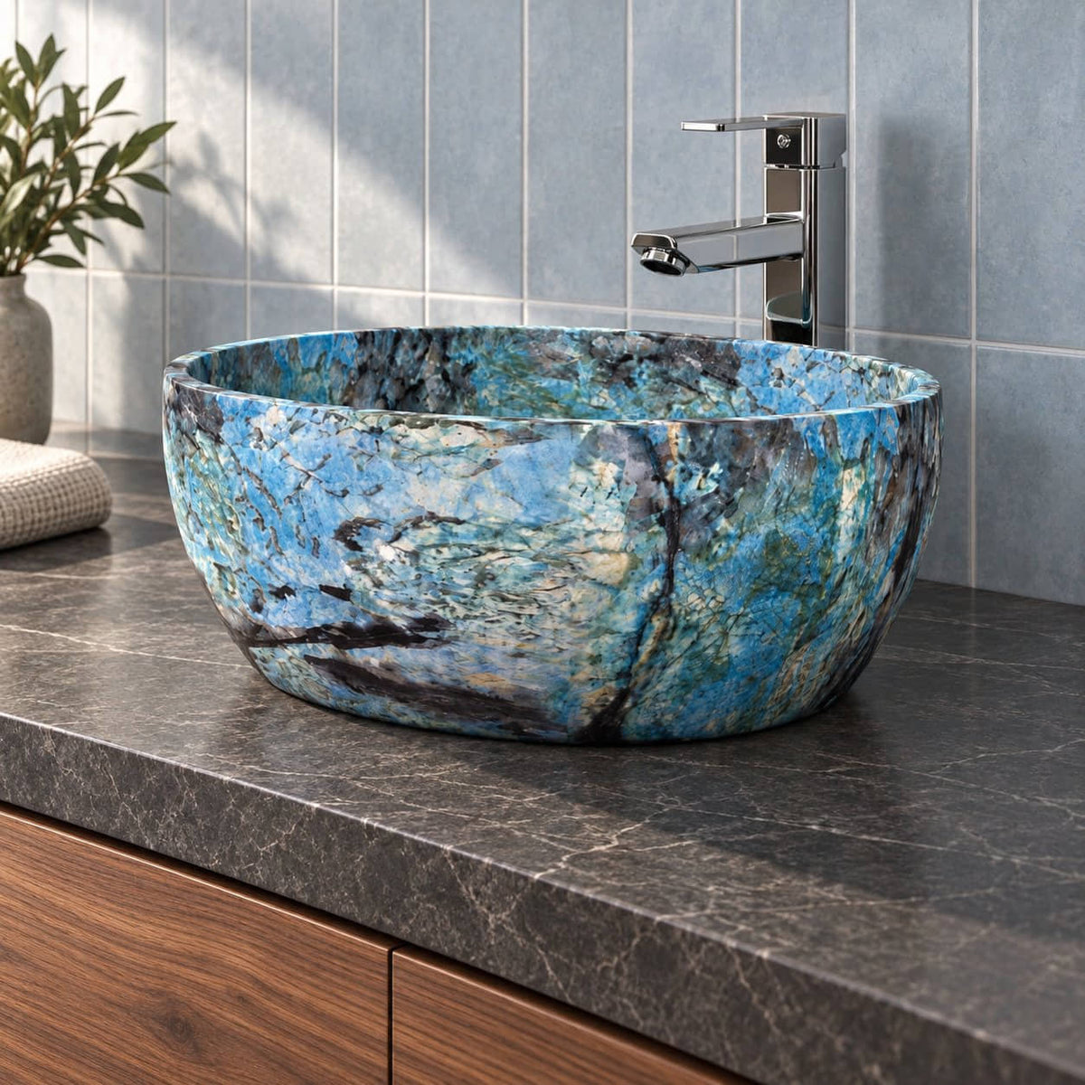 Low bathroom view of the Shaden Danube quartzite vessel sink showing deep curved walls on a charcoal counter