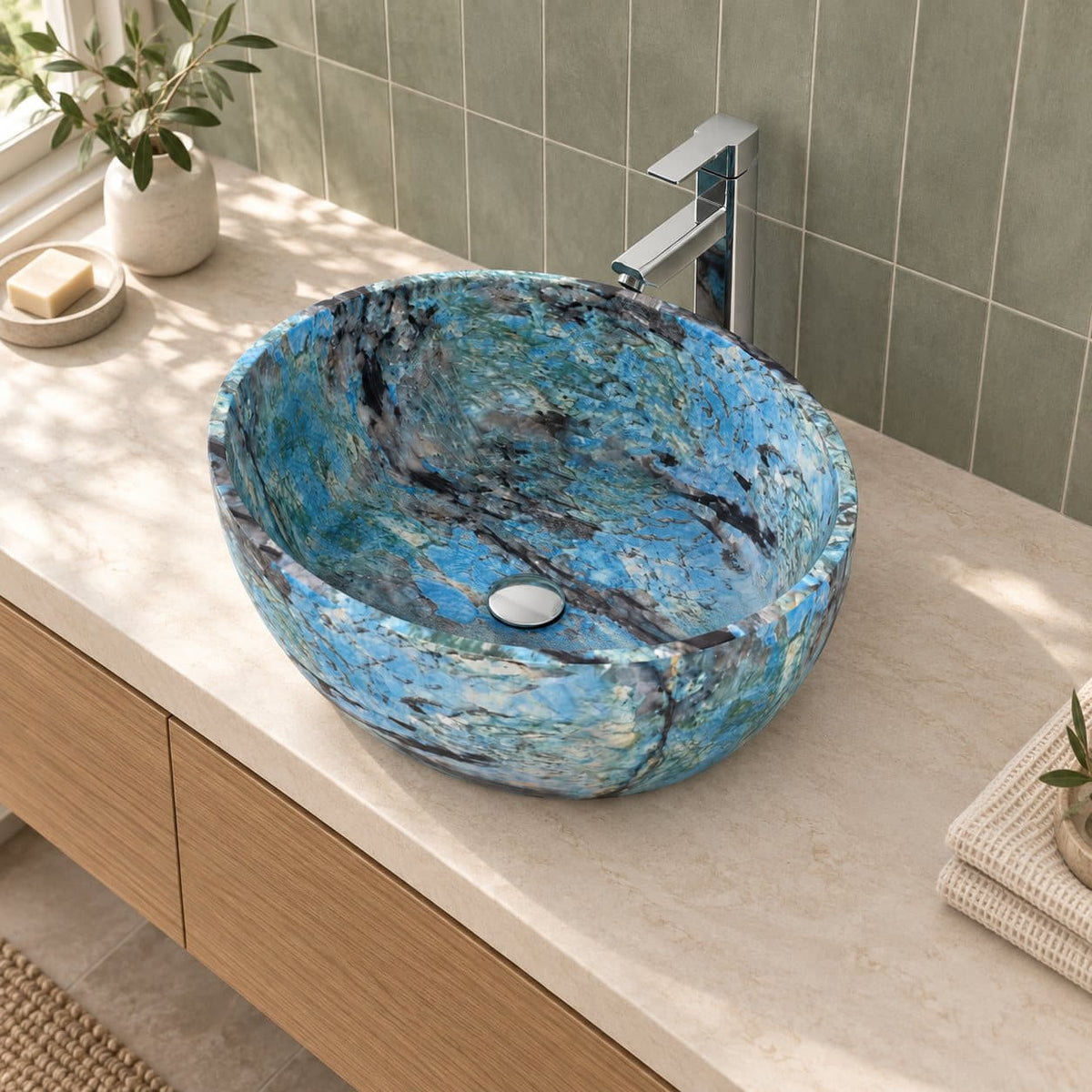 Elevated view of the Shaden Danube quartzite sink showing its oval rim, deep basin and circular drain beside a sage tile wall