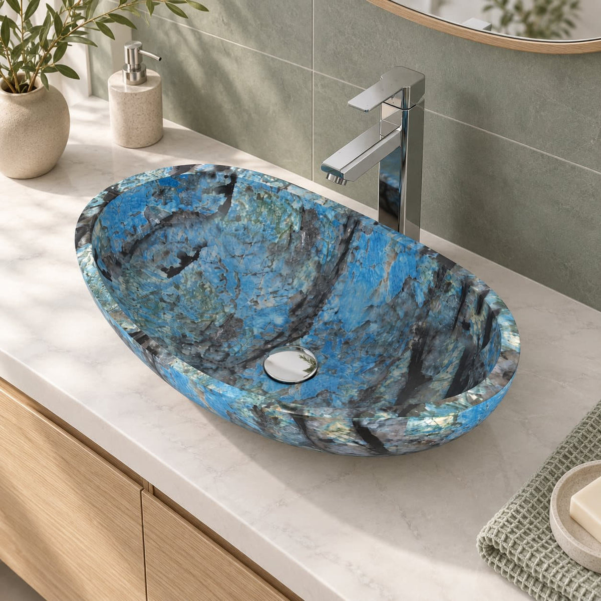 Elevated bathroom view of the Spirit Danube quartzite vessel sink showing its full oval rim, blue-black veining and round drain