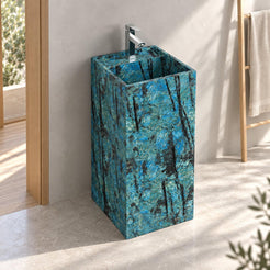 Panini Danube Blue Quartzite Pedestal Sink — elevated bathroom view showing the recessed basin and complete floor-standing base