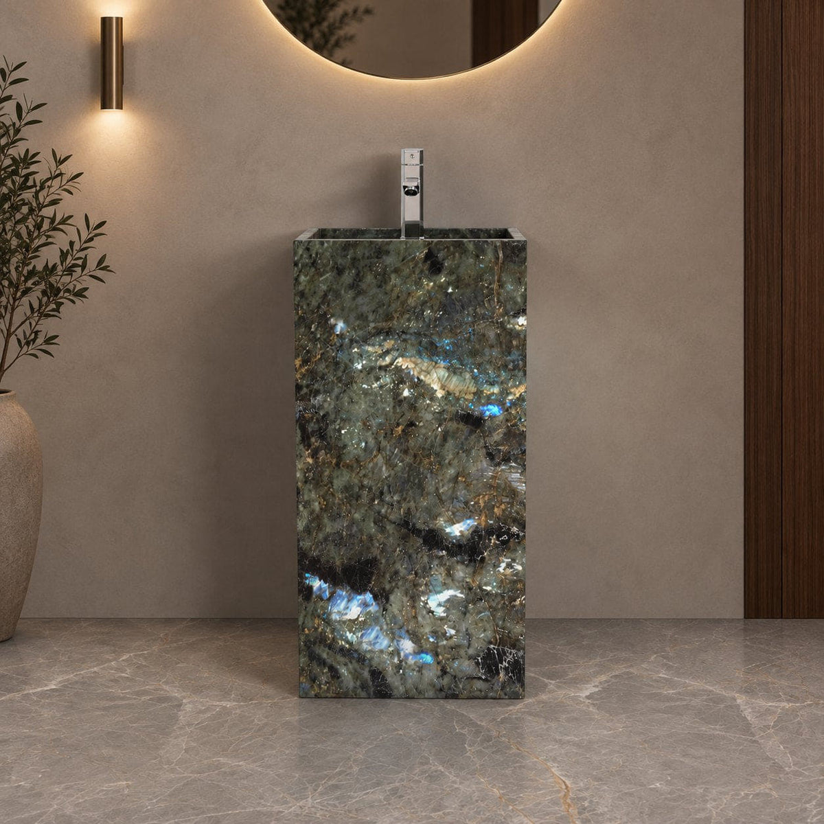 Panini Celestia Blue Quartzite Pedestal Sink — frontal bathroom view showing dark mineral fields and blue highlights