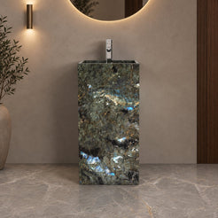 Panini Celestia Blue Quartzite Pedestal Sink — frontal bathroom view showing dark mineral fields and blue highlights