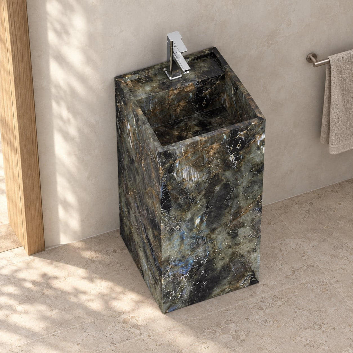 Panini Celestia Blue Quartzite Pedestal Sink — elevated view of rectangular basin interior and full pedestal