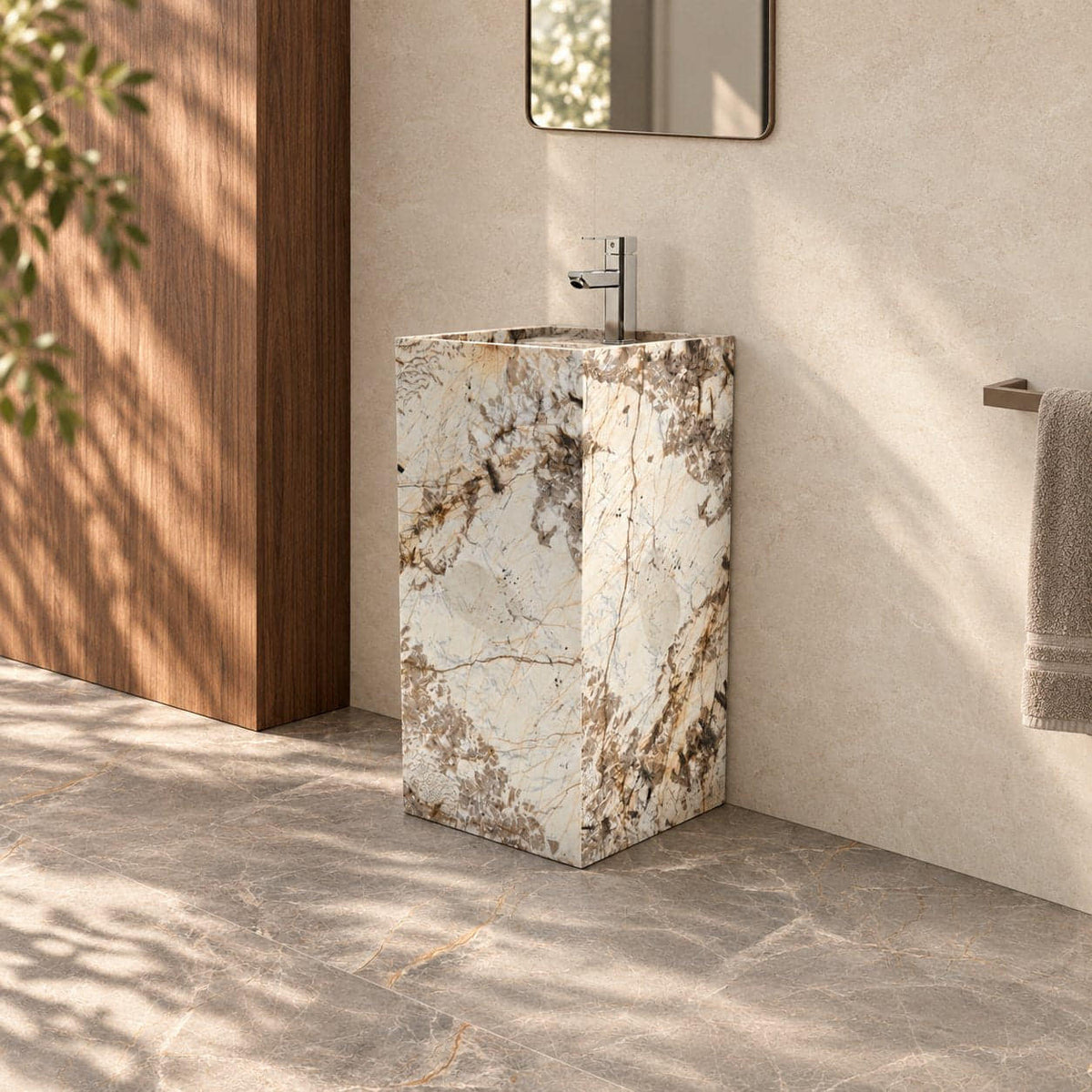 Panini Pandora Blanc Quartzite Pedestal Sink — complete floor-standing column in a warm walnut bathroom