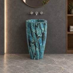 Patty Danube Blue Quartzite Pedestal Sink — front view in a charcoal bathroom with the basin rim visible