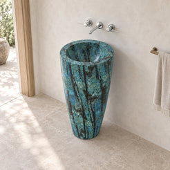 Patty Danube Blue Quartzite Pedestal Sink — elevated bathroom view showing circular bowl and complete floor base