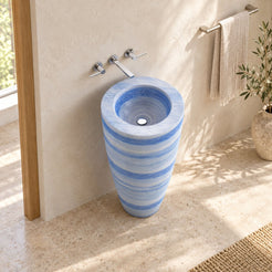 Patty Azura Blue Quartzite Pedestal Sink — pale oak bathroom, elevated diagonal full pedestal view