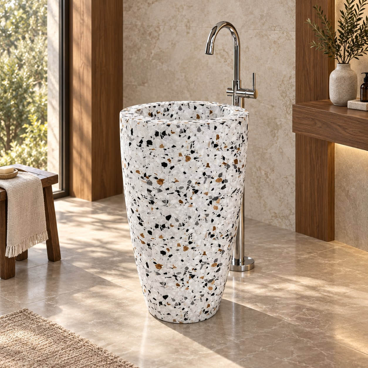 Patty Sky Terrazzo Pedestal Sink — warm walnut bathroom, right three-quarter full pedestal