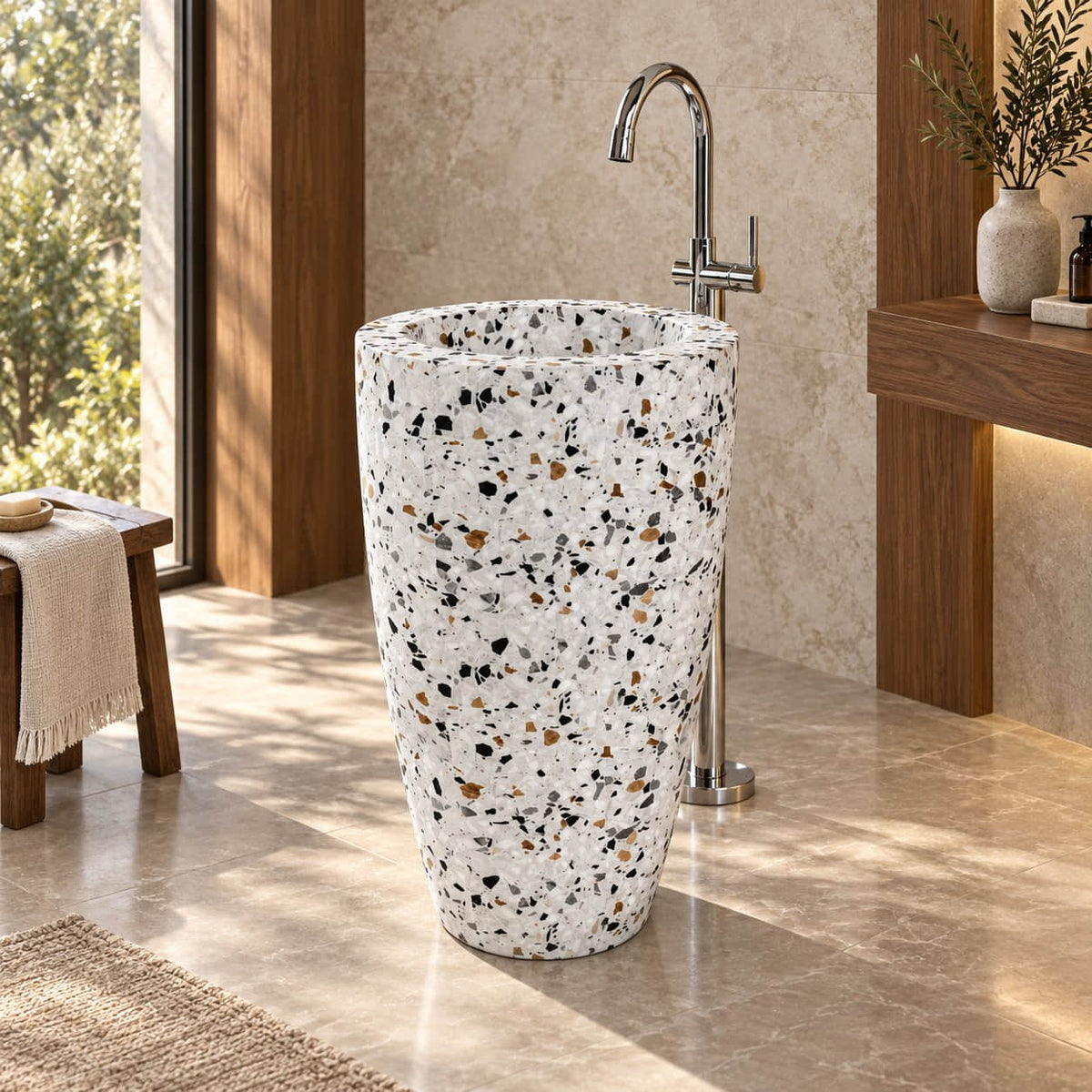 Patty Sky Terrazzo Pedestal Sink — warm walnut bathroom, right three-quarter full pedestal