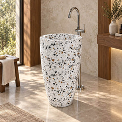 Patty Sky Terrazzo Pedestal Sink — warm walnut bathroom, right three-quarter full pedestal