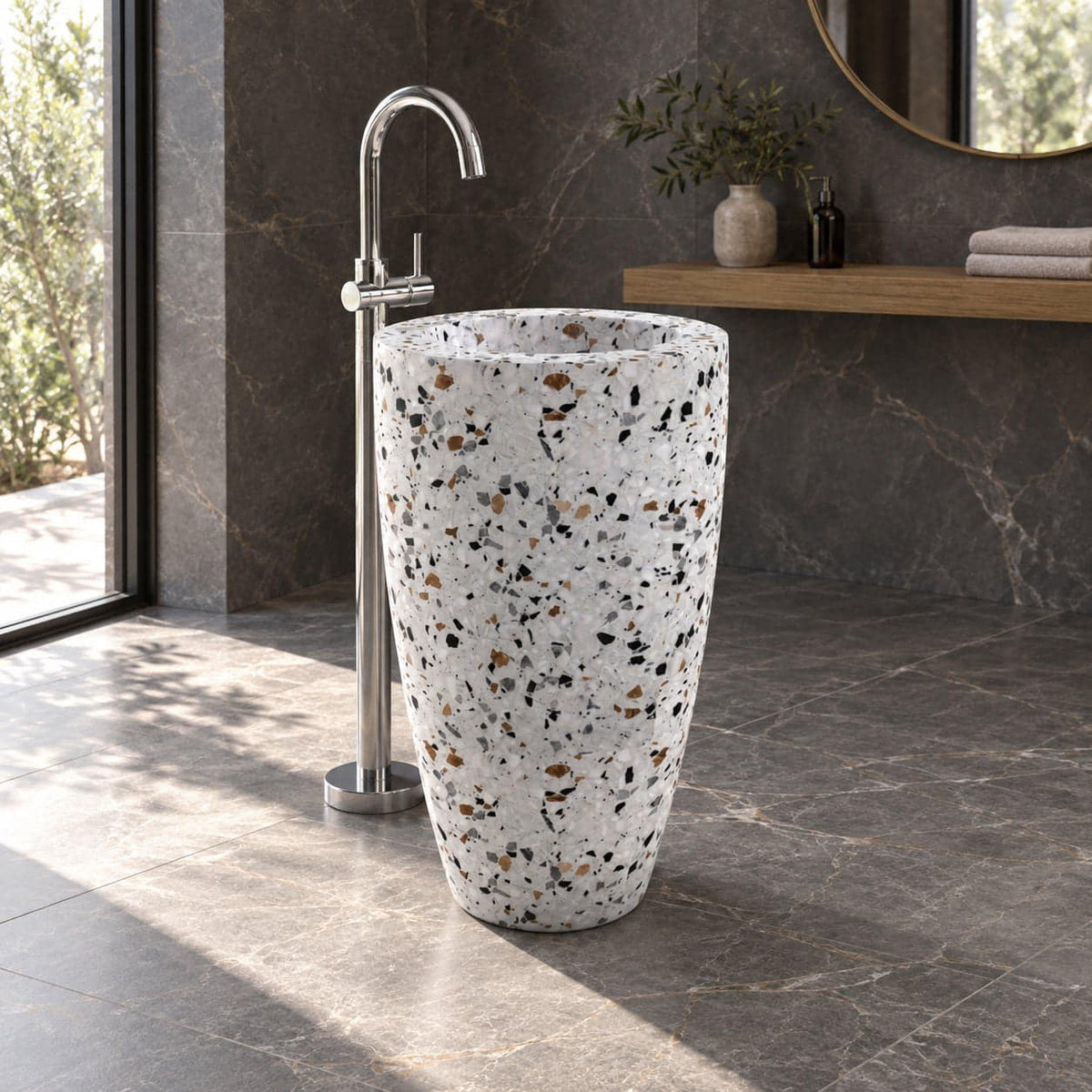 Patty Sky Terrazzo Pedestal Sink — charcoal bathroom, opposite side full pedestal