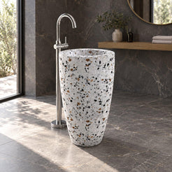 Patty Sky Terrazzo Pedestal Sink — charcoal bathroom, opposite side full pedestal