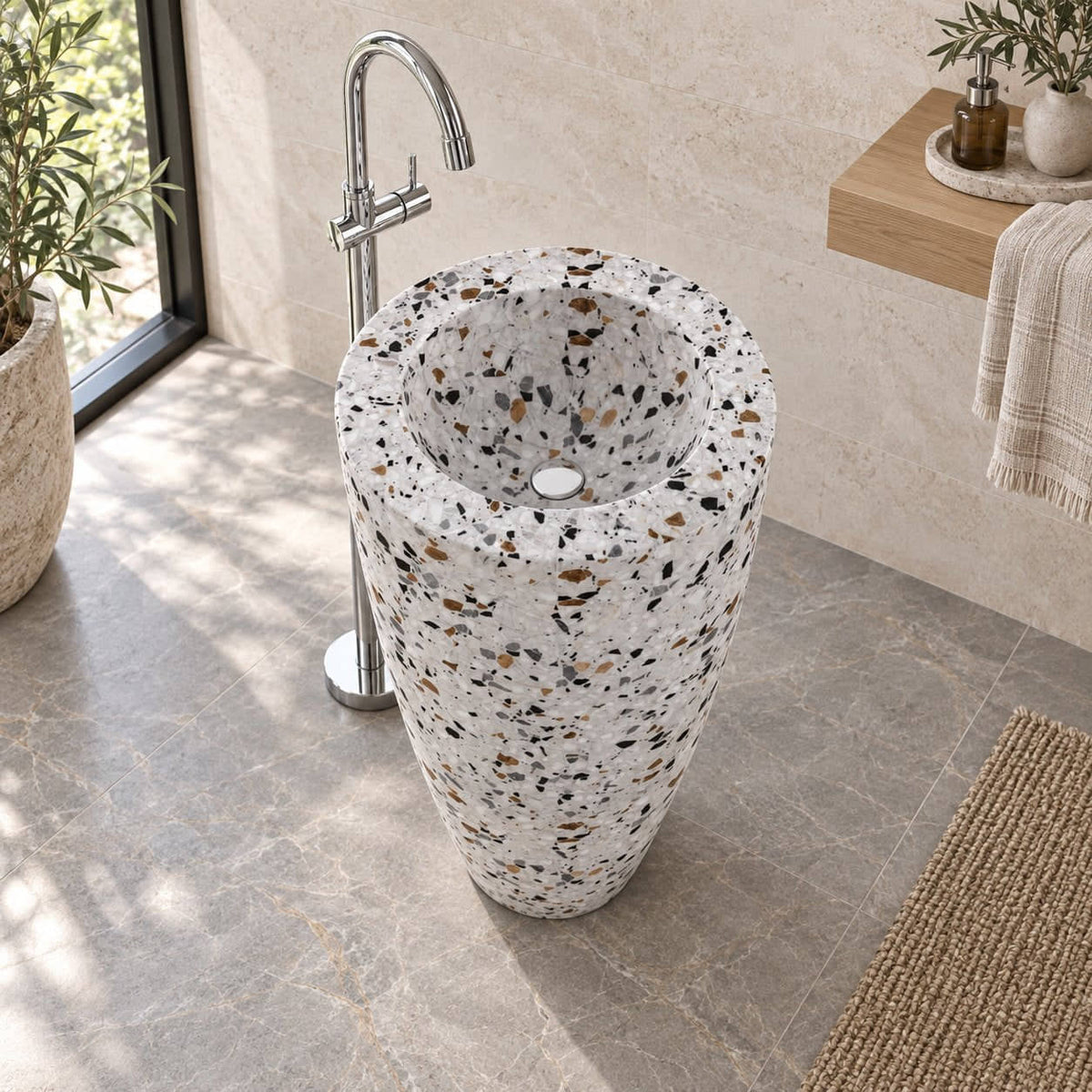 Patty Sky Terrazzo Pedestal Sink — bright oak bathroom, elevated interior and full pedestal