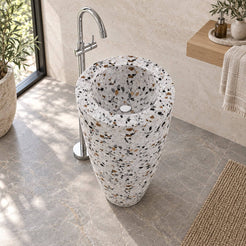 Patty Sky Terrazzo Pedestal Sink — bright oak bathroom, elevated interior and full pedestal