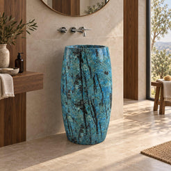 Patra Danube Blue Quartzite Pedestal Sink — warm walnut bathroom, full pedestal three-quarter view