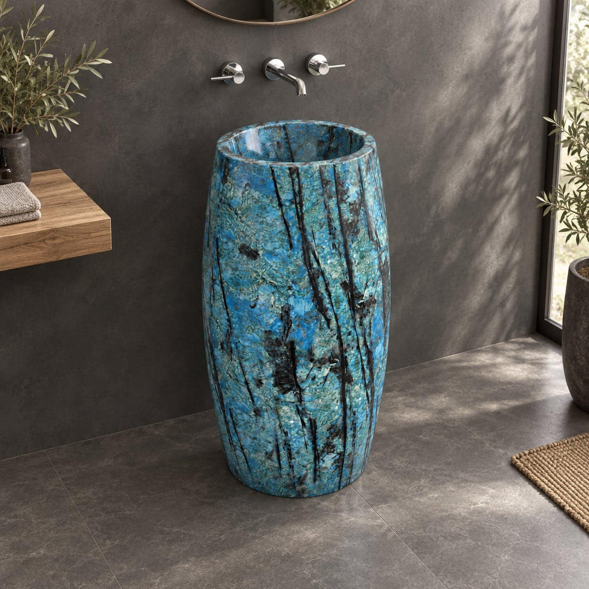 Patra Danube Blue Quartzite Pedestal Sink — charcoal bathroom, opposite side view