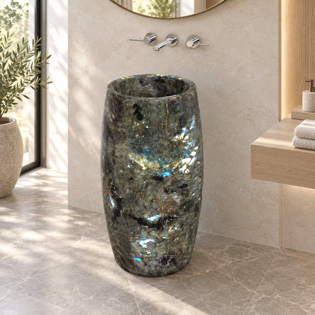 Patra Celestia Blue Quartzite Pedestal Sink — pale oak bathroom, full pedestal three-quarter view