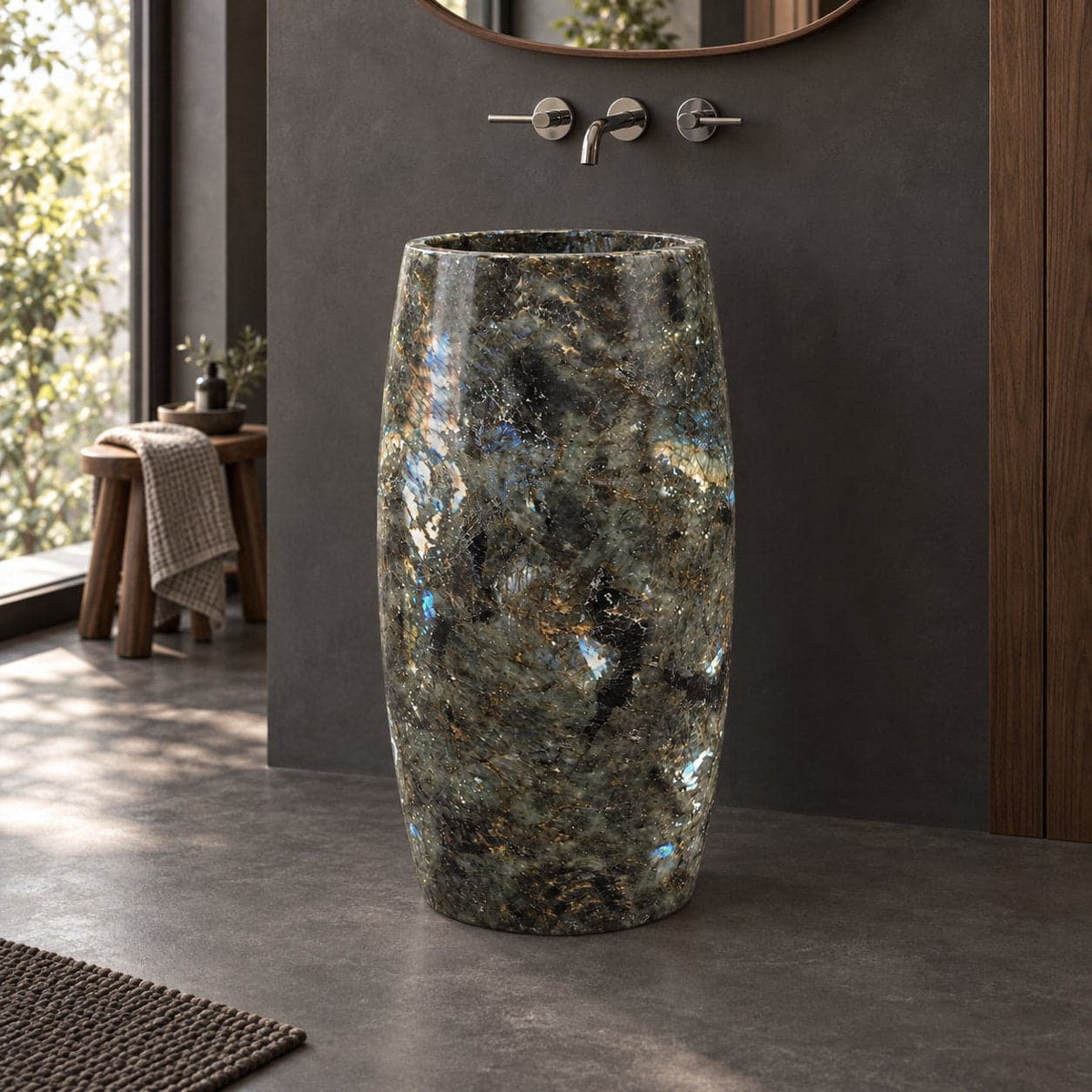 Patra Celestia Blue Quartzite Pedestal Sink — charcoal bathroom, lower opposite side view