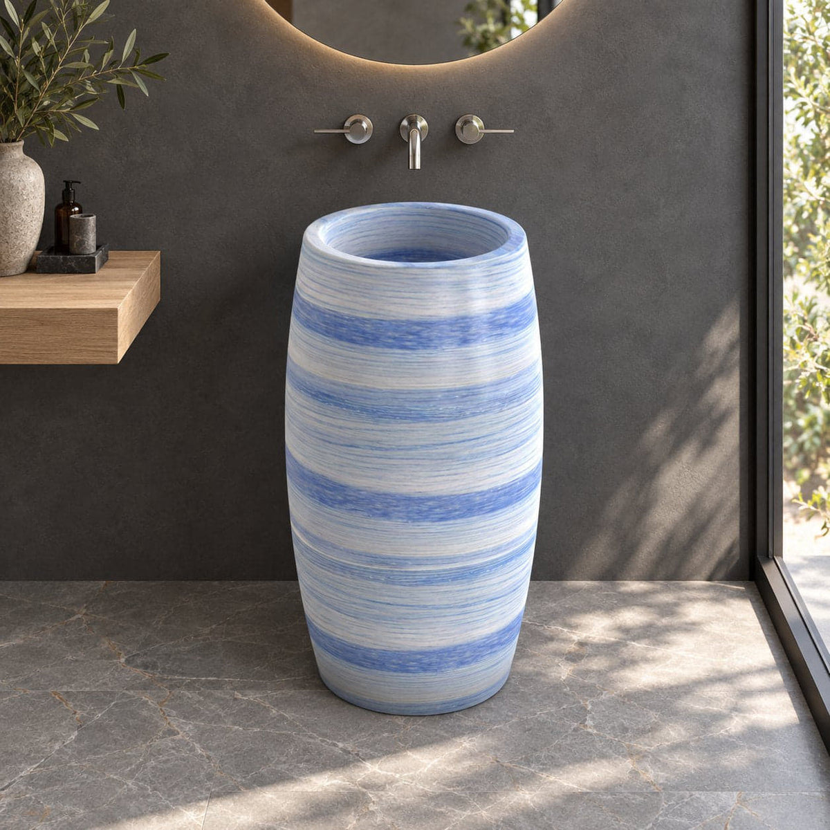 Patra Azura Blue Quartzite Pedestal Sink — charcoal bathroom, frontal basin and full pedestal