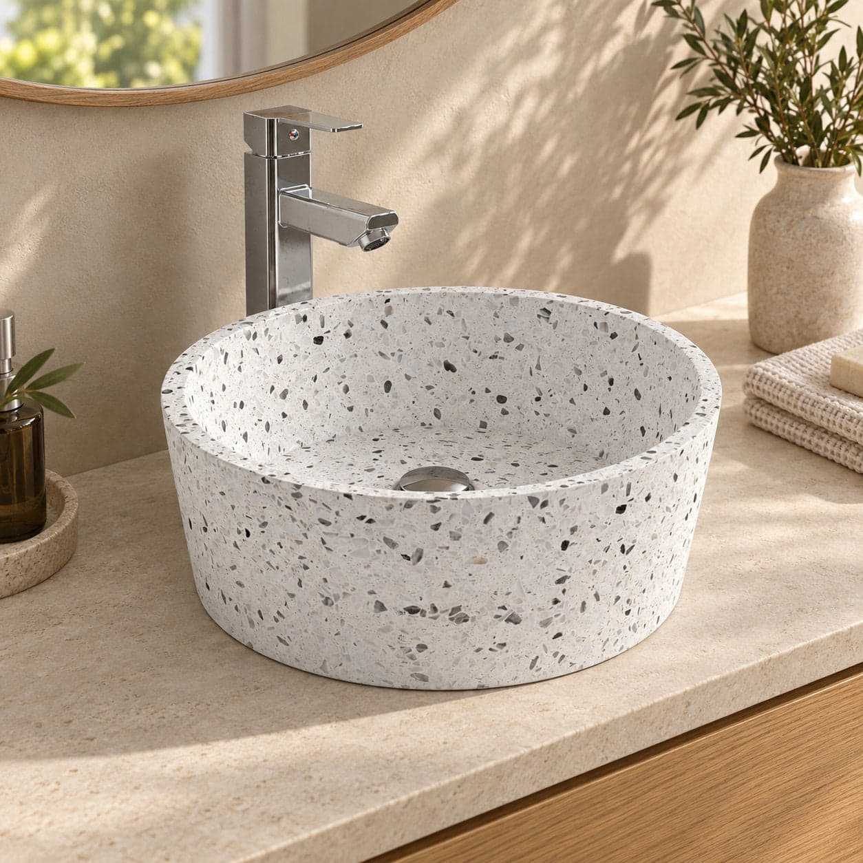 Sauri White Terrazzo Vessel Sink — three-quarter bathroom lifestyle