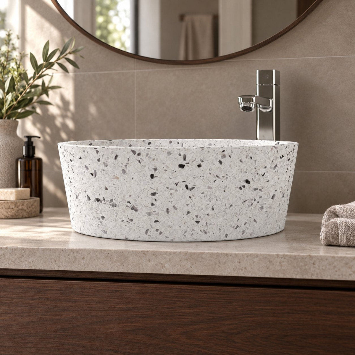 Sauri White Terrazzo Vessel Sink — low frontal bathroom lifestyle