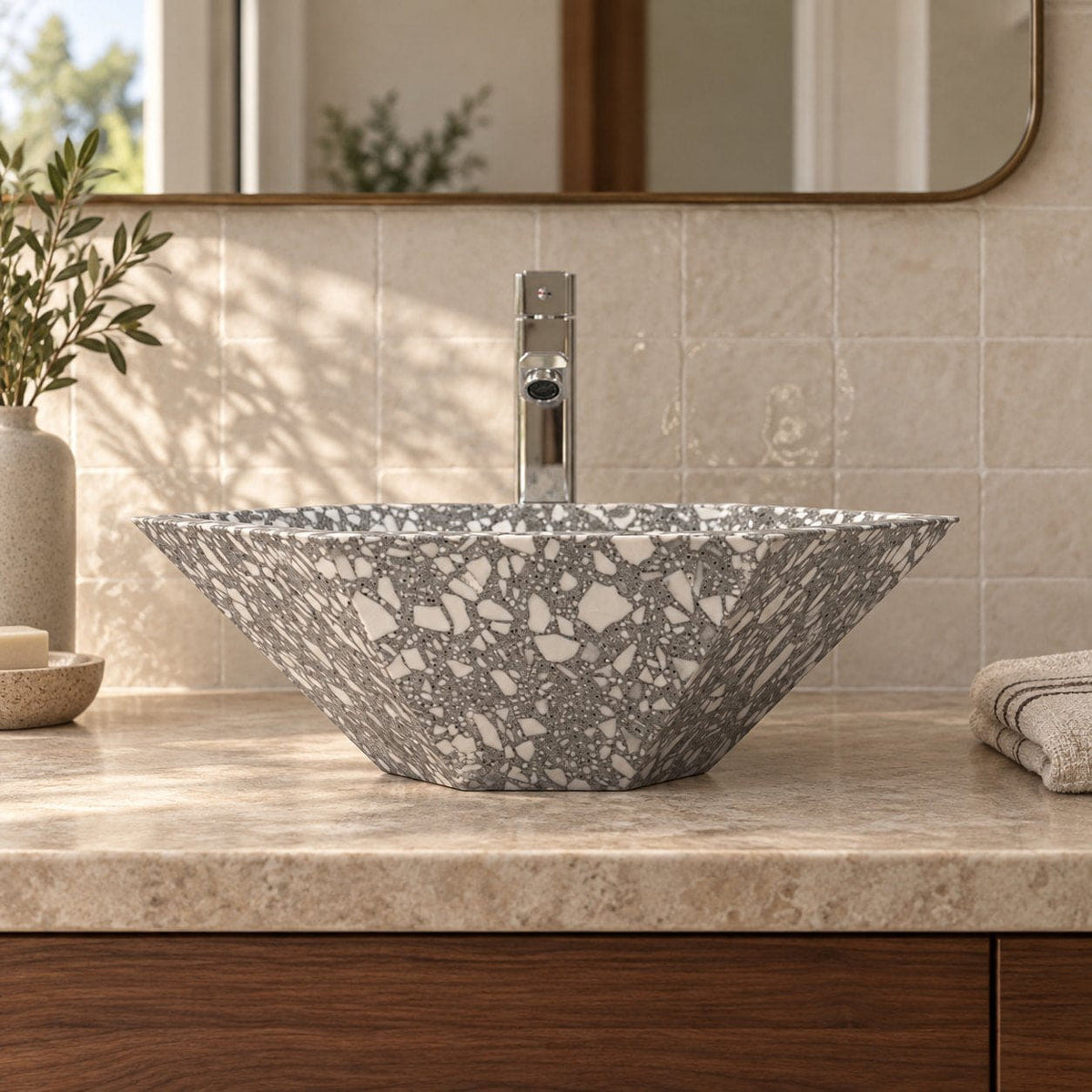 Scarlet Classic Terrazzo Vessel Sink — low frontal bathroom lifestyle