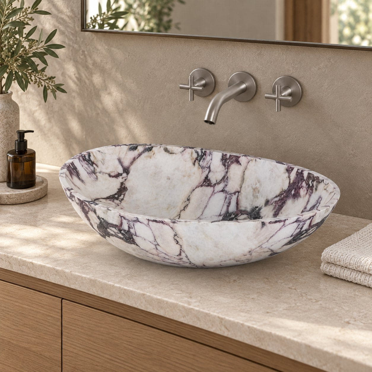 Selva Calacatta Marble Vessel Sink — three-quarter bathroom lifestyle